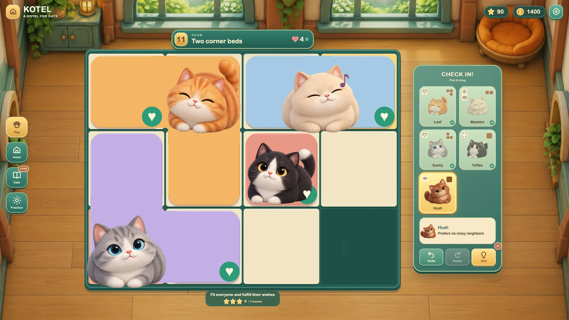 Kotel gameplay: arrange cats and their beds to fit a colorful puzzle room