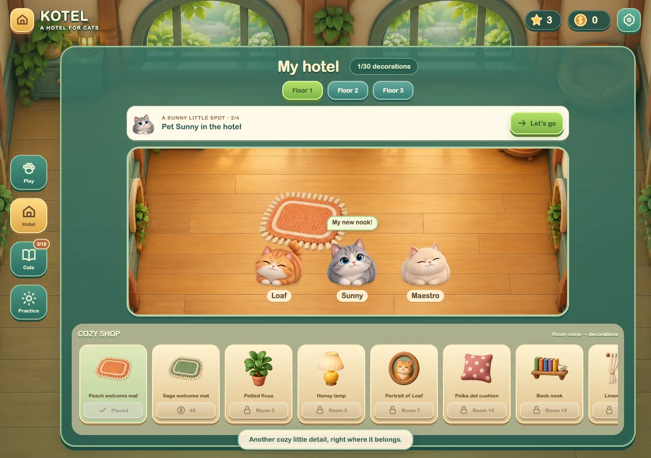 The cozy Kotel hotel, with cats, plants and decorations earned through play